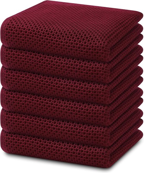 Homaxy 100% Cotton Waffle Weave Dish Towels - Ultra Soft & Absorbent, Quick Drying | 13 x 28 Inches, 6-Pack, Burgundy