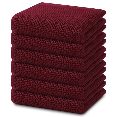 Homaxy 100% Cotton Waffle Weave Kitchen Dish Towels, Ultra Soft Absorbent Quick Drying Cleaning Towel, 13 x 28 Inches, 6-Pack, Burgundy