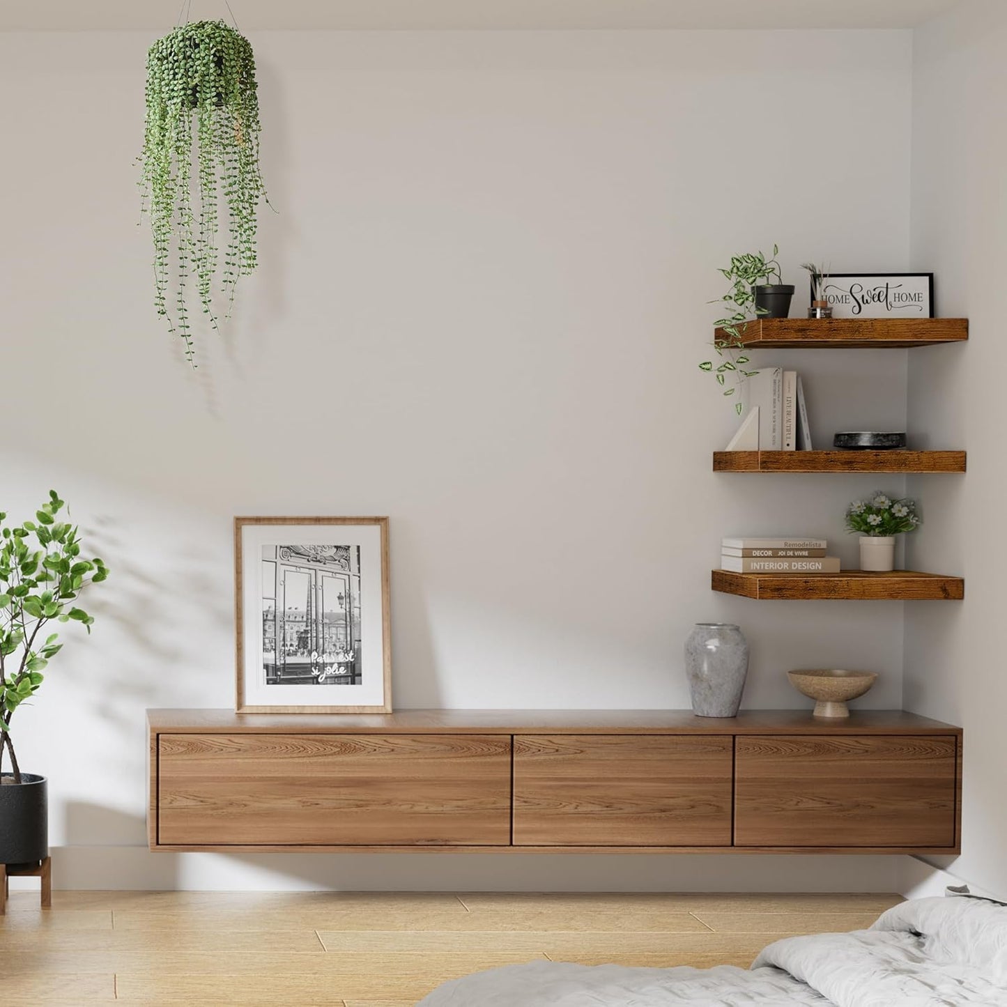 QEEIG 10" Deep Floating Shelves - Rustic Brown Set of 3 for Bathroom, Bedroom & Living Room