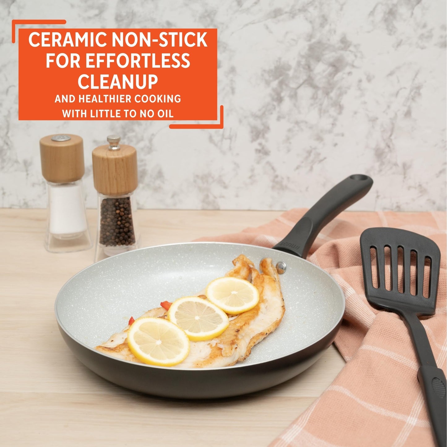 IMUSA Premier Ceramic Nonstick Frying Pan 9.5 in Aluminum Skillet with Cool Touch Handle Gray Speckled Coating Matte Black PTFE-Free Dishwasher Safe for Healthy Cooking