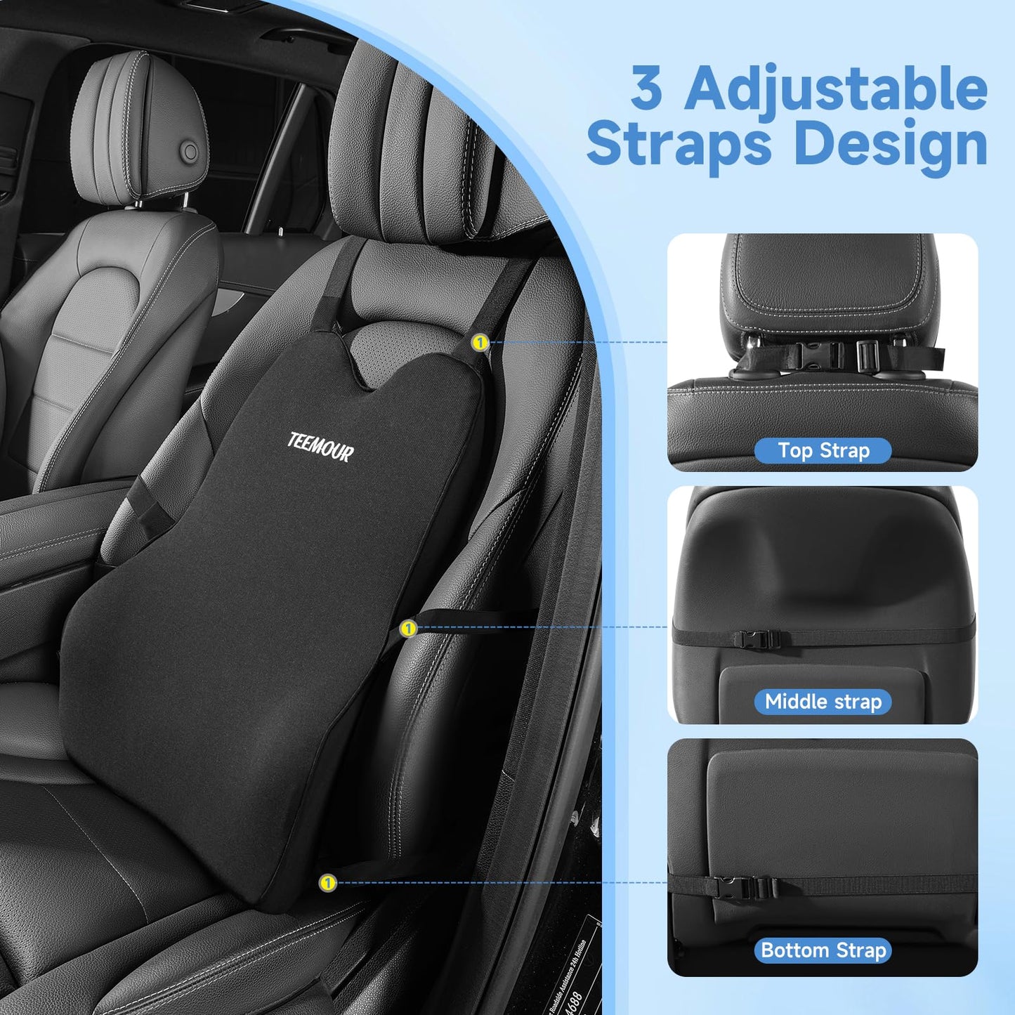 Teemour Lumbar Support Pillow for Car Seat, Memory Foam Back Support Pillow with Adjustable Straps, Medium Soft Car Back Cushion for Driving, Truck, SUV, Office Chair, Black