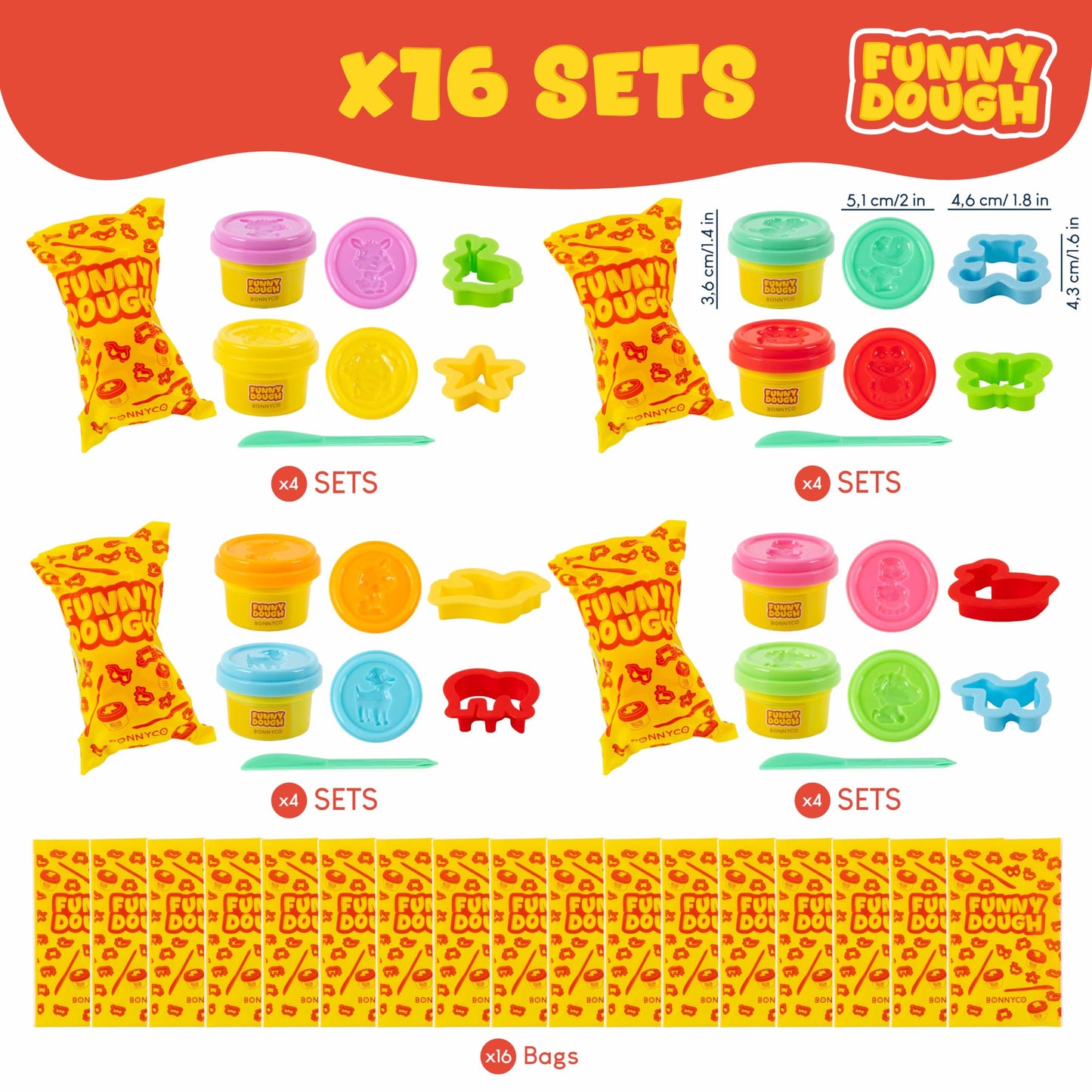 BONNYCO Play Dough Set with Molds and Goody Bags, Pack 16 Party Favors for Kids Age 3-9. Bulk Gifts, Kids Toys, Mini Birthday Games, Stocking Stuffers, Arts and Crafts Kit for Classroom