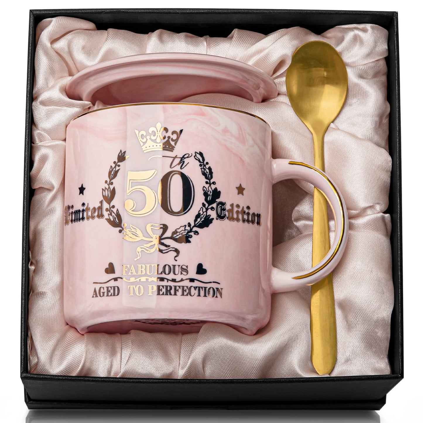 50th Birthday Gifts for Women Her, Fabulous 50 Aged to Perfection, 14oz Gold Pattern Coffee Mug, Cool Gifts Idea for Turning 50 Year old Mom, Wife, Daughter, Sister, Friends, Aunt, Nice Gift Boxed