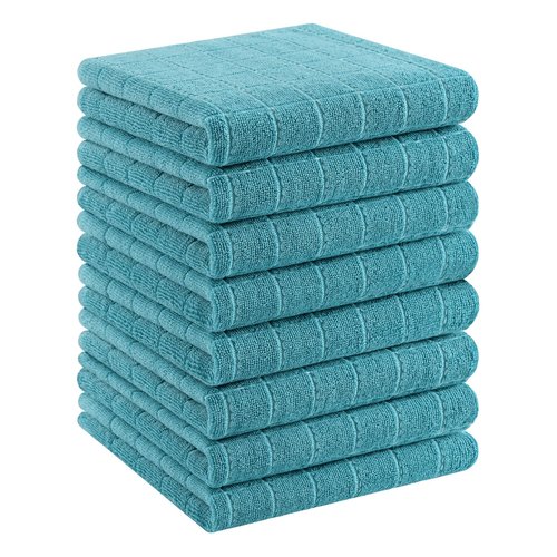 Homaxy 100% Cotton Terry Kitchen Towels(Lake Blue, 13 x 28 inches), Checkered Designed, Soft and Super Absorbent Dish Towels, 8 Pack