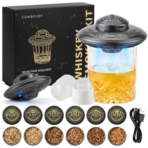 ComboJoy Electric Whiskey Smoker Kit with LED – 6 Flavors Wood Chips, Whiskey Glass & Ice Cube Mold – Rechargeable Cocktail Smoker, Old Fashioned Bourbon Gifts for Men, Dad, Husband -Grey