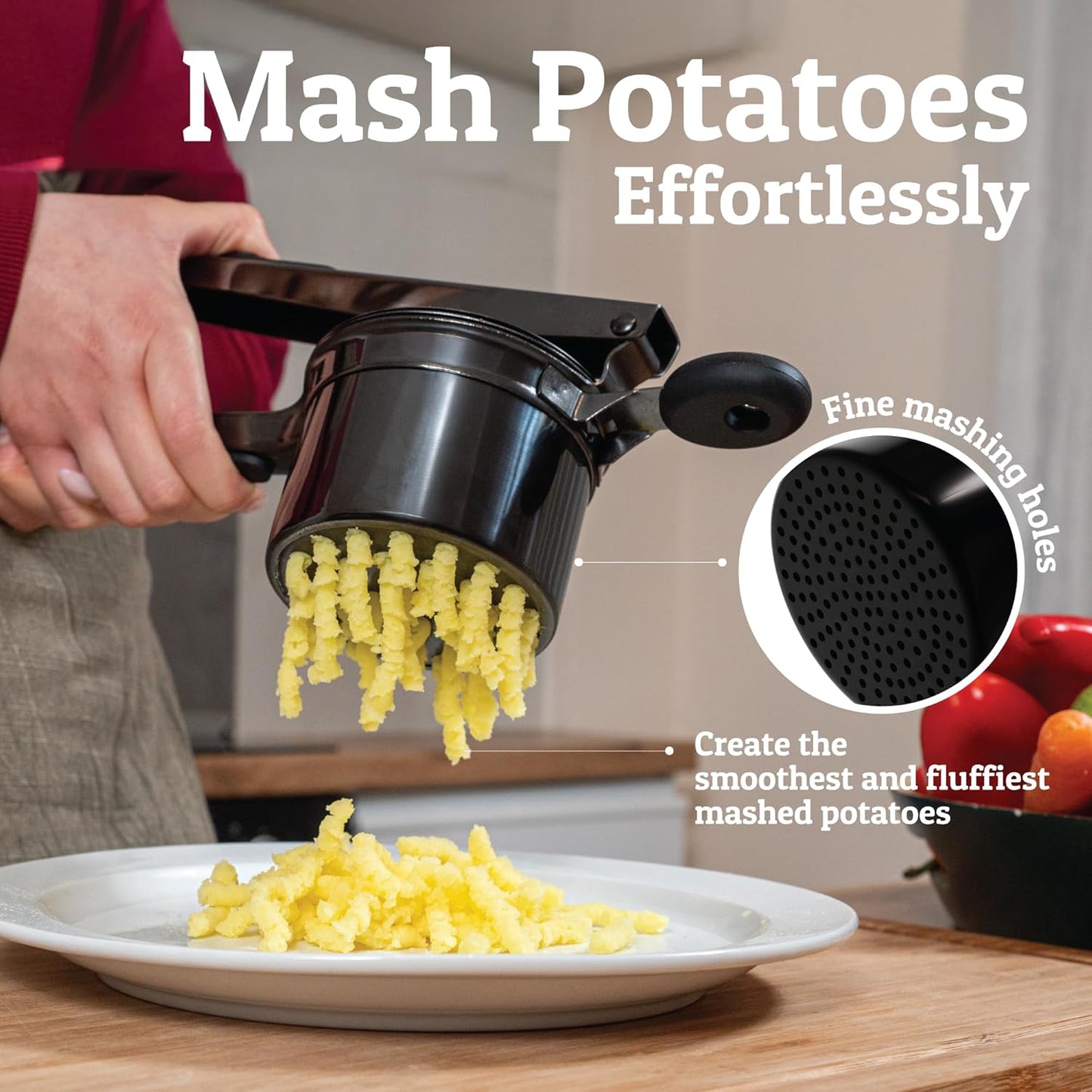 PriorityChef 15oz Potato Ricer - Heavy Duty Stainless Steel Masher with 3 Discs | All Black Design