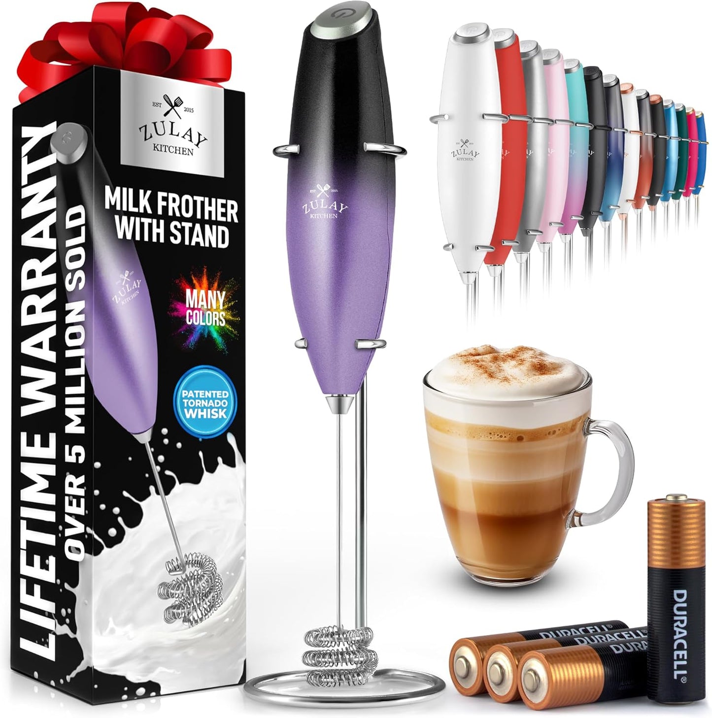 Zulay Kitchen Tornado Triple Whisk Milk Frother - Handheld Foam Maker for Coffee & Lattes - Galaxy Color with 4 Duracell Batteries