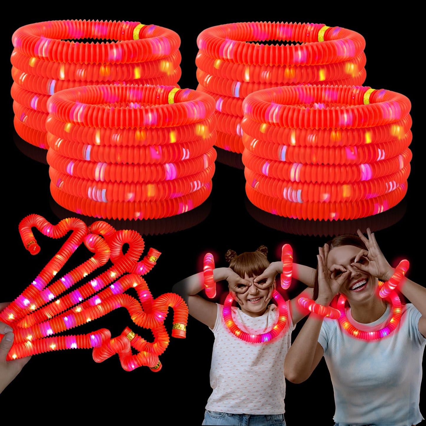 12-24 PCS Red Graduation Glow Sticks Pop Tubes,Light Up Bracelets Necklaces,Glow Party Favors for Kids Graduation Party,Kindergarten Preschool End of School Year Goodie Bag Stuffers Classroom Prizes