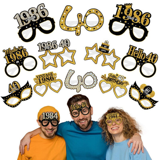Turypaty 24Pcs 1986 40th Birthday Paper Glasses Decorations for Men Women - Black Gold Happy 40th Birthday Paper Eyeglasses Photo Props, Vintage 1986 Forty Years Old Birthday Party Supplies