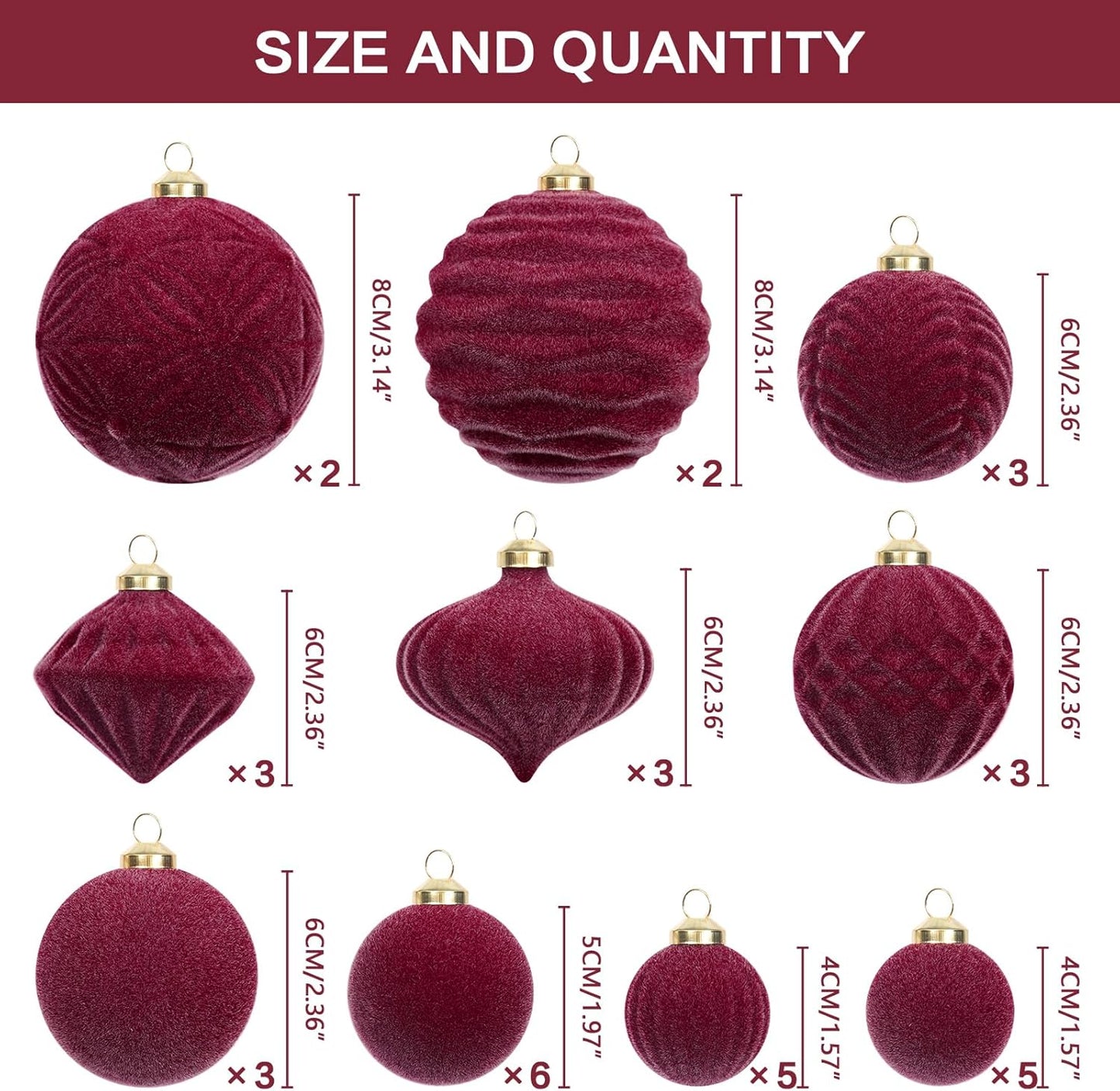 Skiennix Velvet Christmas Ornaments Set - 35PCS Flocked Shatterproof Hanging Decorations | Burgundy