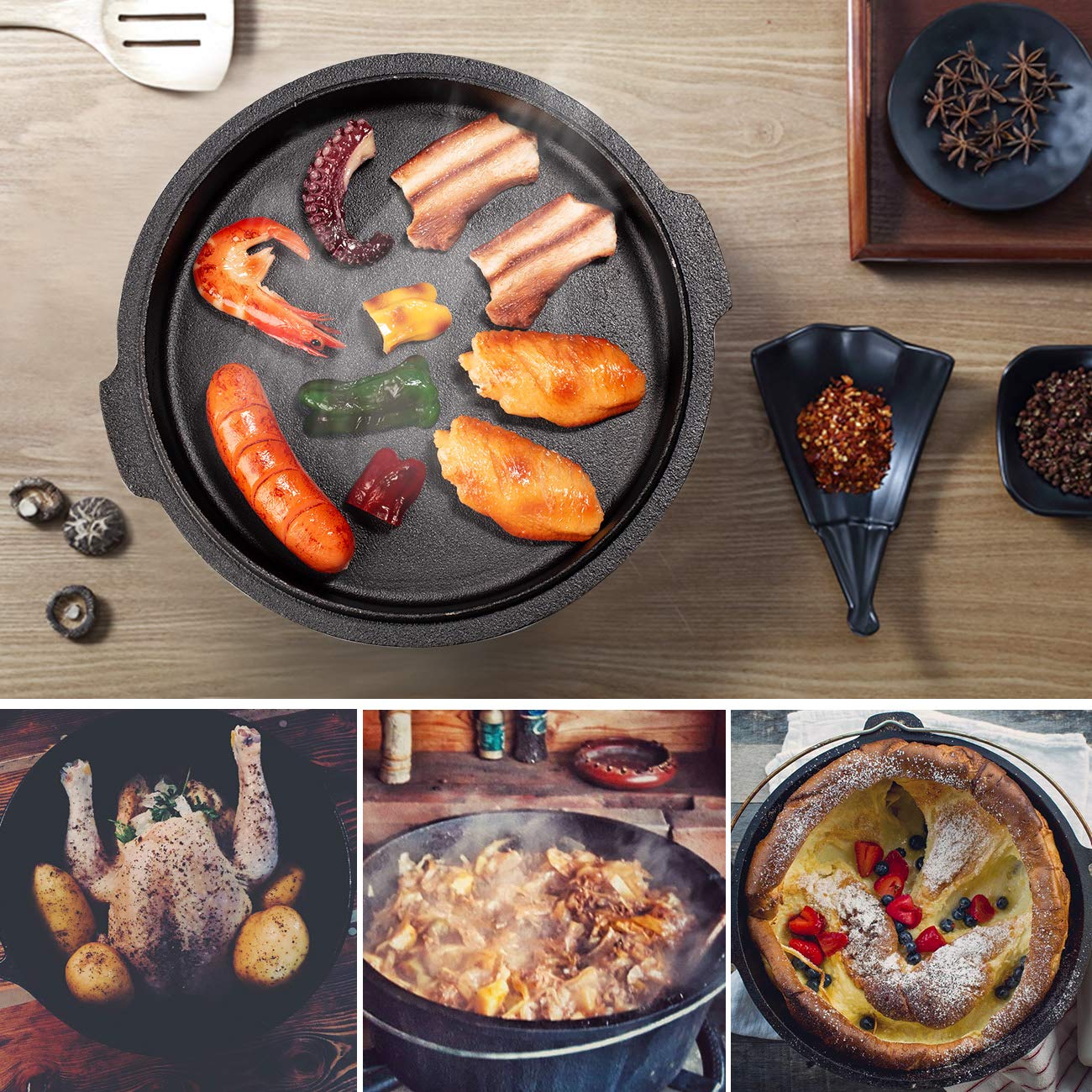 Overmont Camp Dutch Oven Pre Seasoned Cast Iron Lid Also a Skillet Casserole Pot with Lid Lifter for Camping Cooking BBQ Baking 9QT(Pot+Lid)