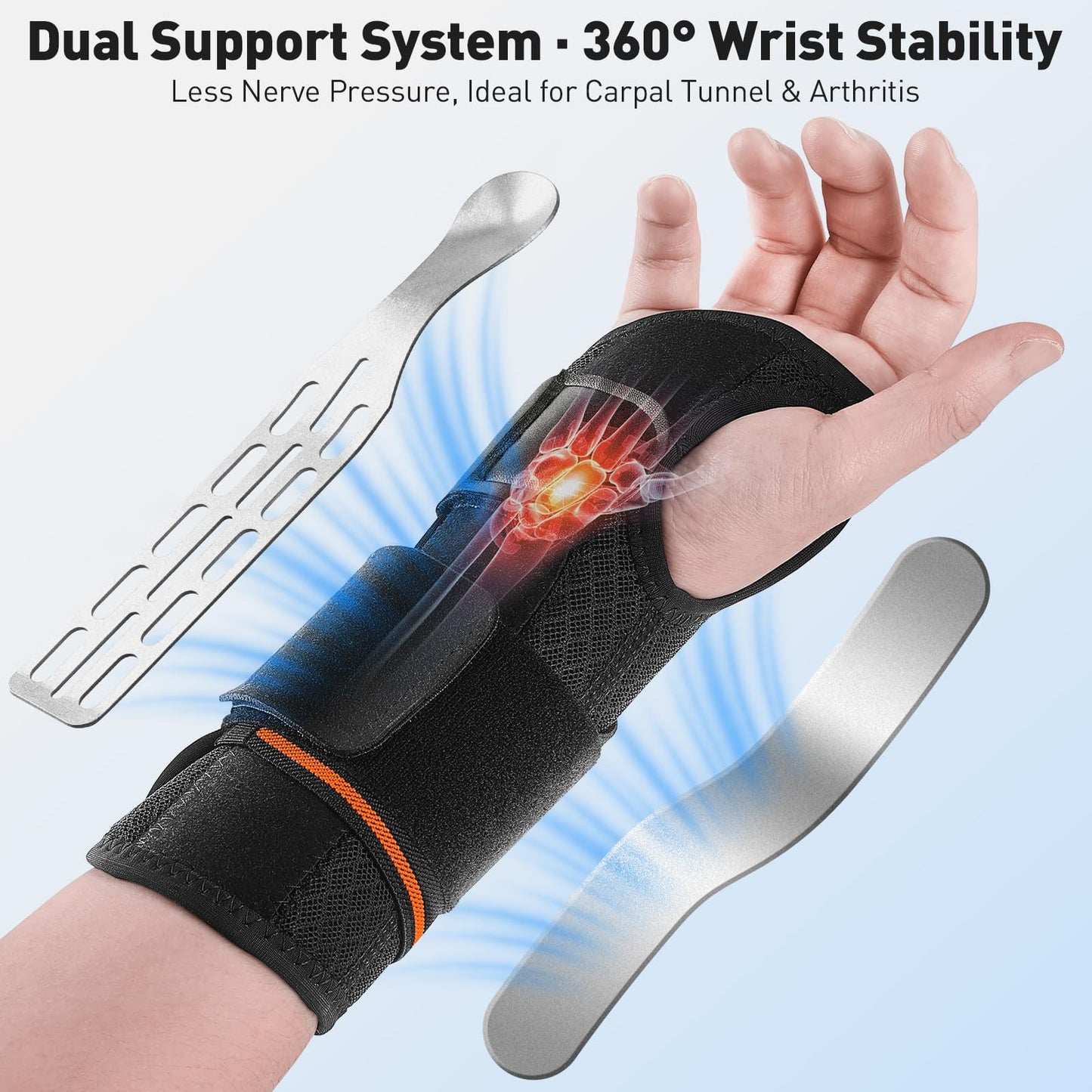 Kneopms Carpal Tunnel Wrist Brace Night Support Fit Right Hand for Work, Pain Relief Wrist Splint for Tendonitis, Sprain, Strain, Rigid Hand Brace for Arthritis for Women and Men (Black, XL, Left)