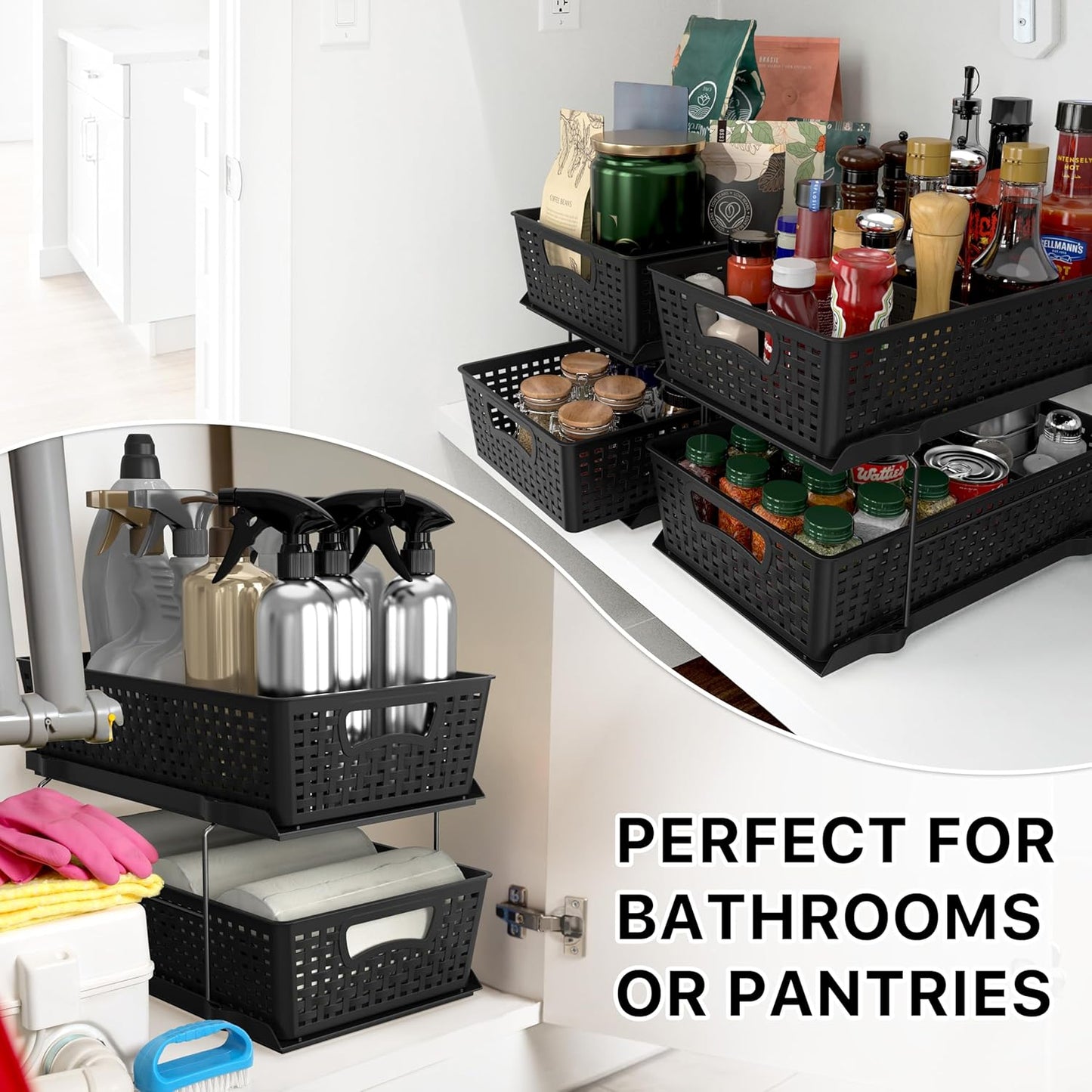 Simple Houseware 2-Tier Bathroom Organizer Tray - Pull-Out Sliding Drawer for Under Sink Storage, Black