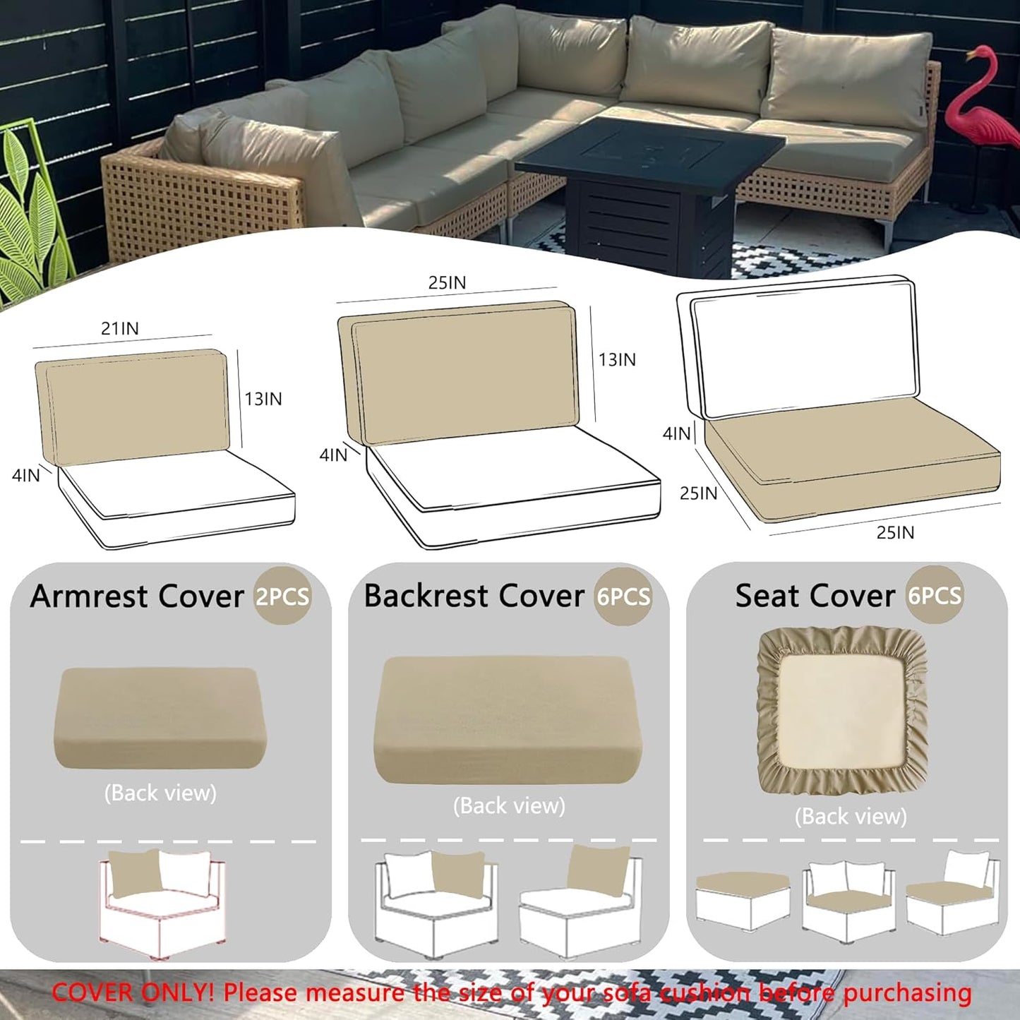 Sqodok Waterproof Outdoor Cushion Covers - 14-Piece Slipcovers for 7-Piece Rattan Wicker Sectional Sofa | Washable Tan
