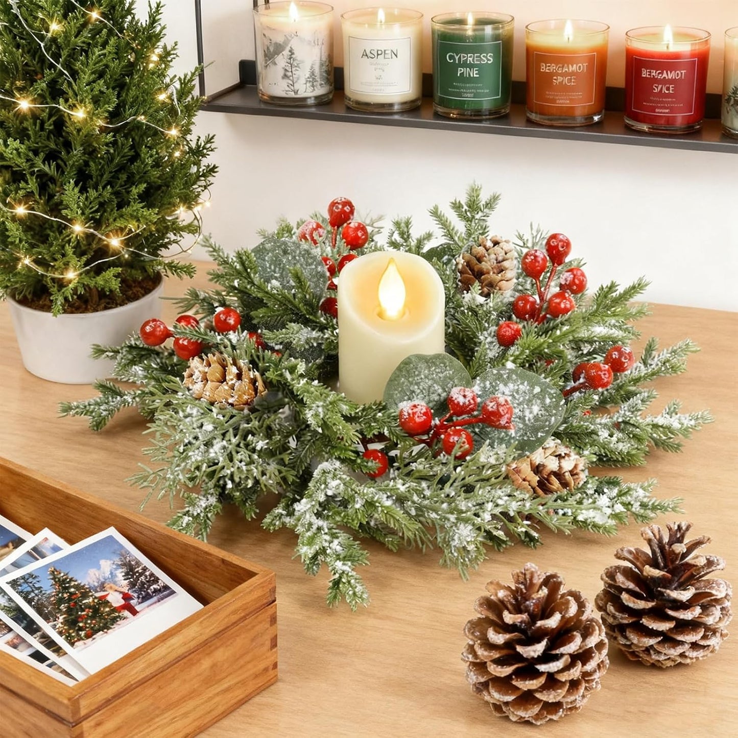 Skiennix Flocked Christmas Candle Rings - Mini Wreaths with Snowy Pinecones & Red Berries | 10"x3.5" Centerpiece Decor