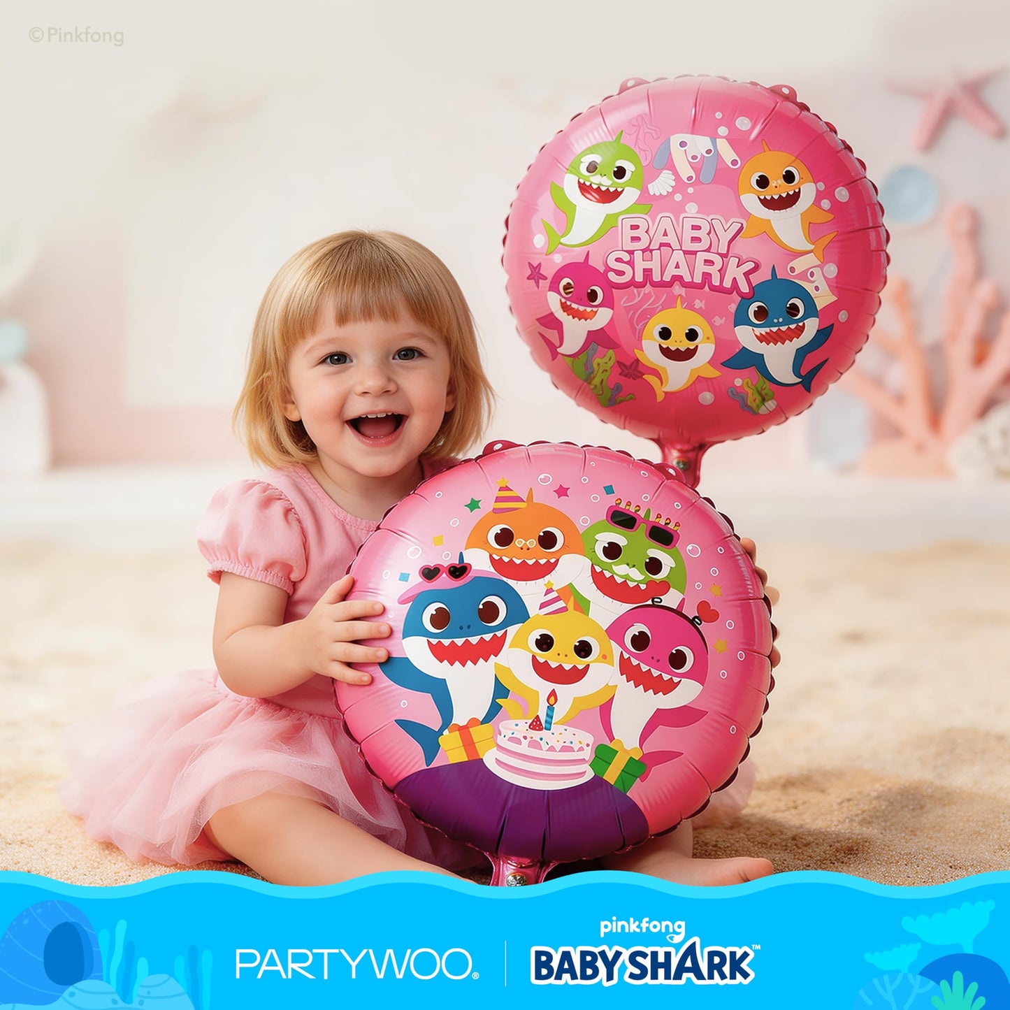 PartyWoo Baby Shark Pink Foil Number 2 Balloon 5pcs 40 18 Inch Pink Round Star Mylar Helium Birthday Balloons for Boys and Girls Baby Shark Under the Sea Ocean Kids Second Birthday Party Decorations