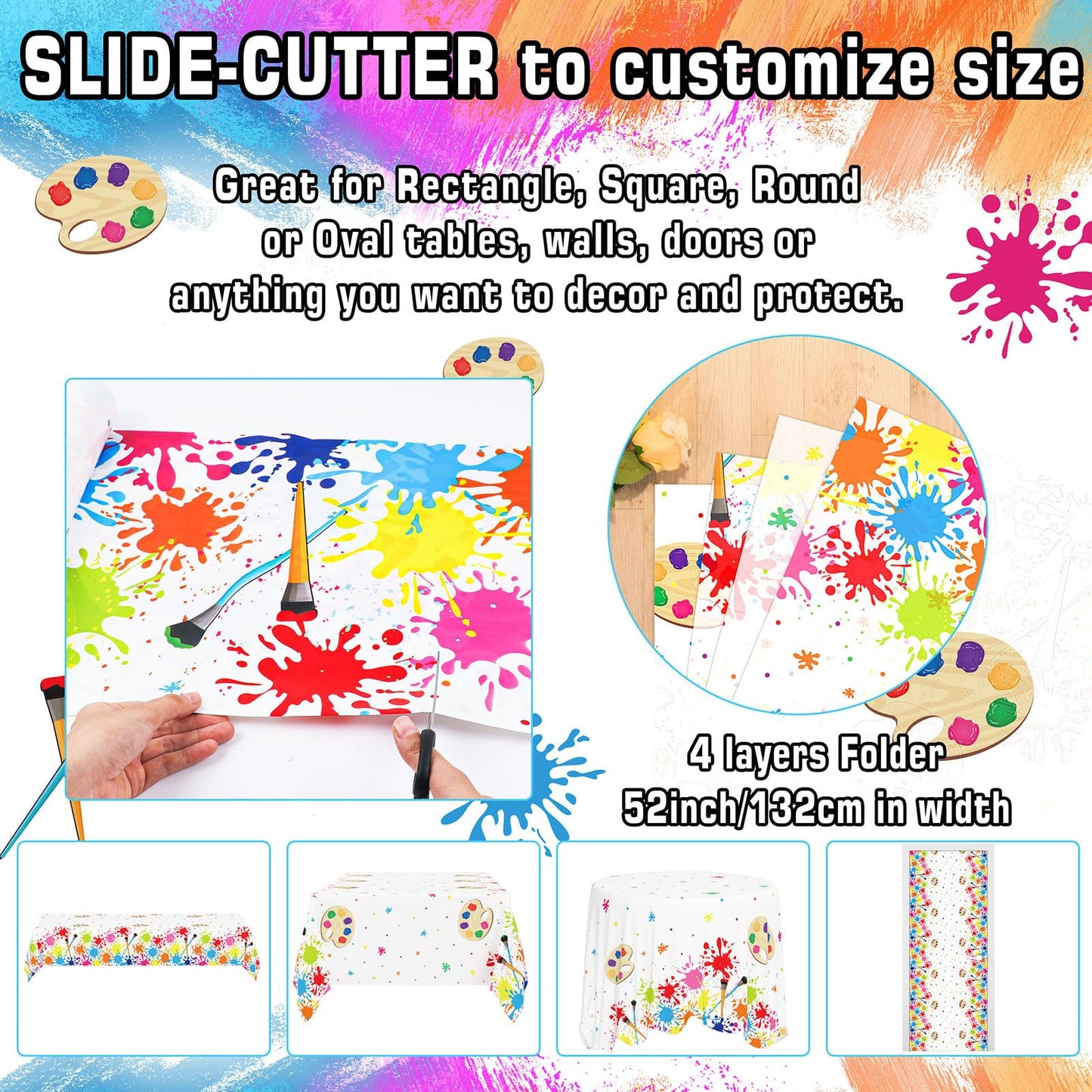 Summer Paint Splatter Tablecloth Decoration 52 in x 100 Ft Art Paint Birthday Party Tablecloth Roll Art Party Summer Plastic Table Cover for Indoor Outdoor Events Family Parties and Celebrations