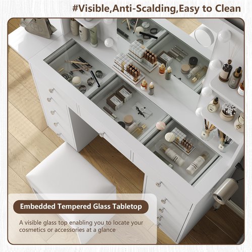 FUSOU Vanity Desk with Power Outlet, 11 Drawers Makeup Vanity with Lighted Mirror, 3 Colors Adjustable, Glass Top Vanity with Chair, 4 Shelves and Fold-up Panel, Dressing Table for Bedroom, White