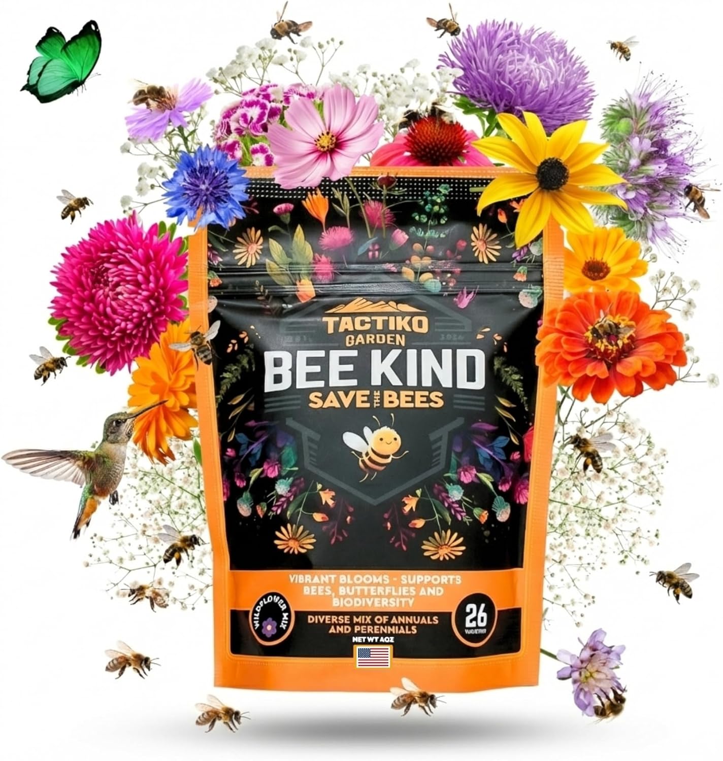 Tactiko Garden Wildflower Seeds Mix - 120,000+ Annual & Perennial Seeds for Pollinators | 4 oz, Covers 600 sq ft