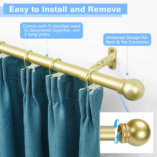 AMZSEVEN Curtain Rods for Windows 16 to 48 Inches, Curtain Rod Max Adjustable Length of 60 IN, 1" Diameter Drapery Rods Round Finials, Warm Gold, Pack of 1