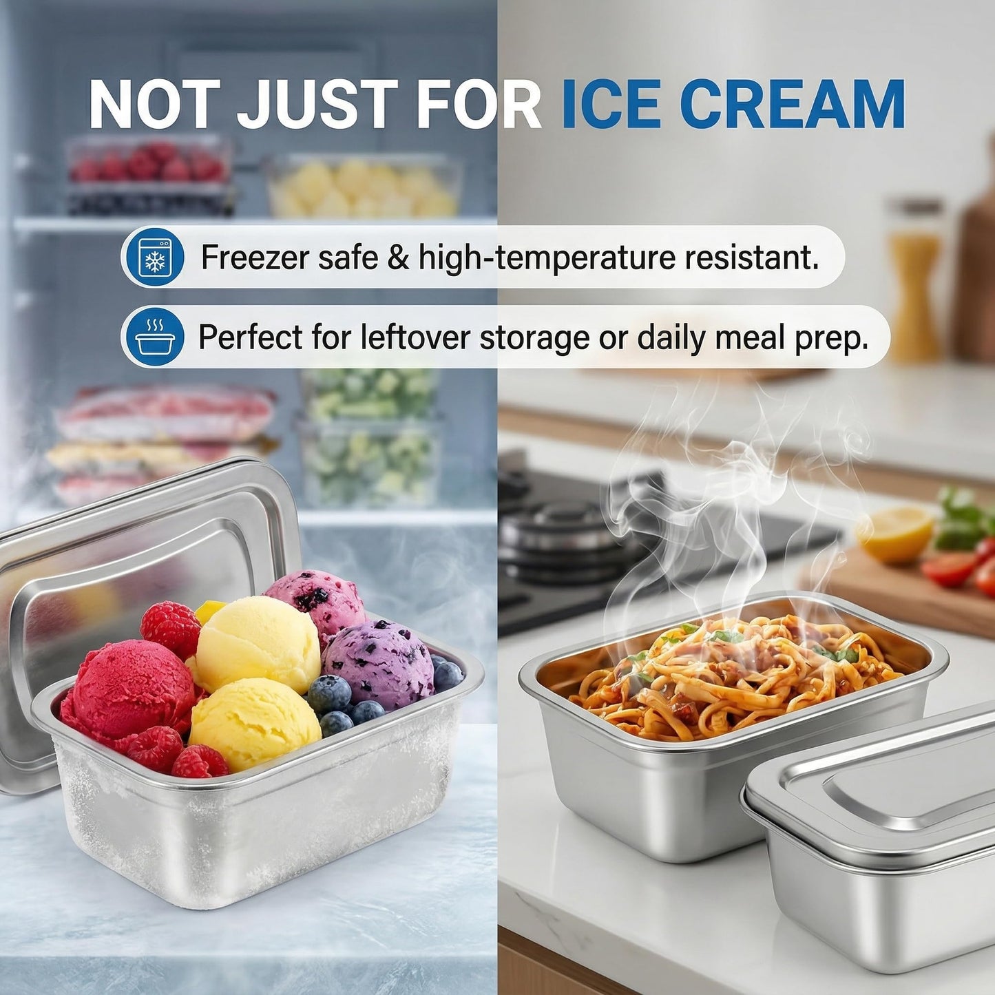 Hemoton Reusable Ice Cream Storage Containers with Lids Stainless Steel Food Keeper Freezer Box Insulated Ice Cream Tub for Refrigerator Home Made Ice Cream, 0.76 Quart Airtight Box for Frozen Yogurt