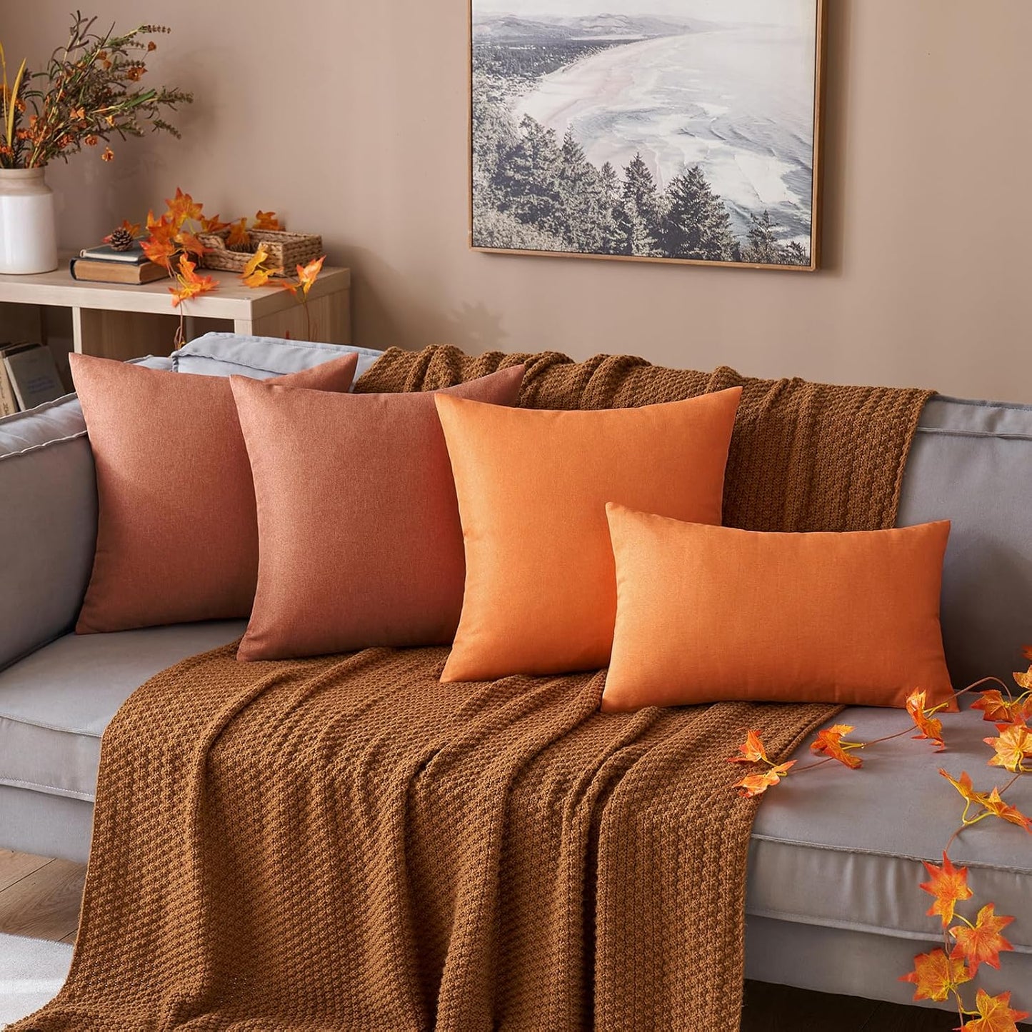 MIULEE Decorative Outdoor Throw Pillow Covers - Waterproof Faux Linen Cushion Cases | 18x18 Inch Rust (Pack of 2)