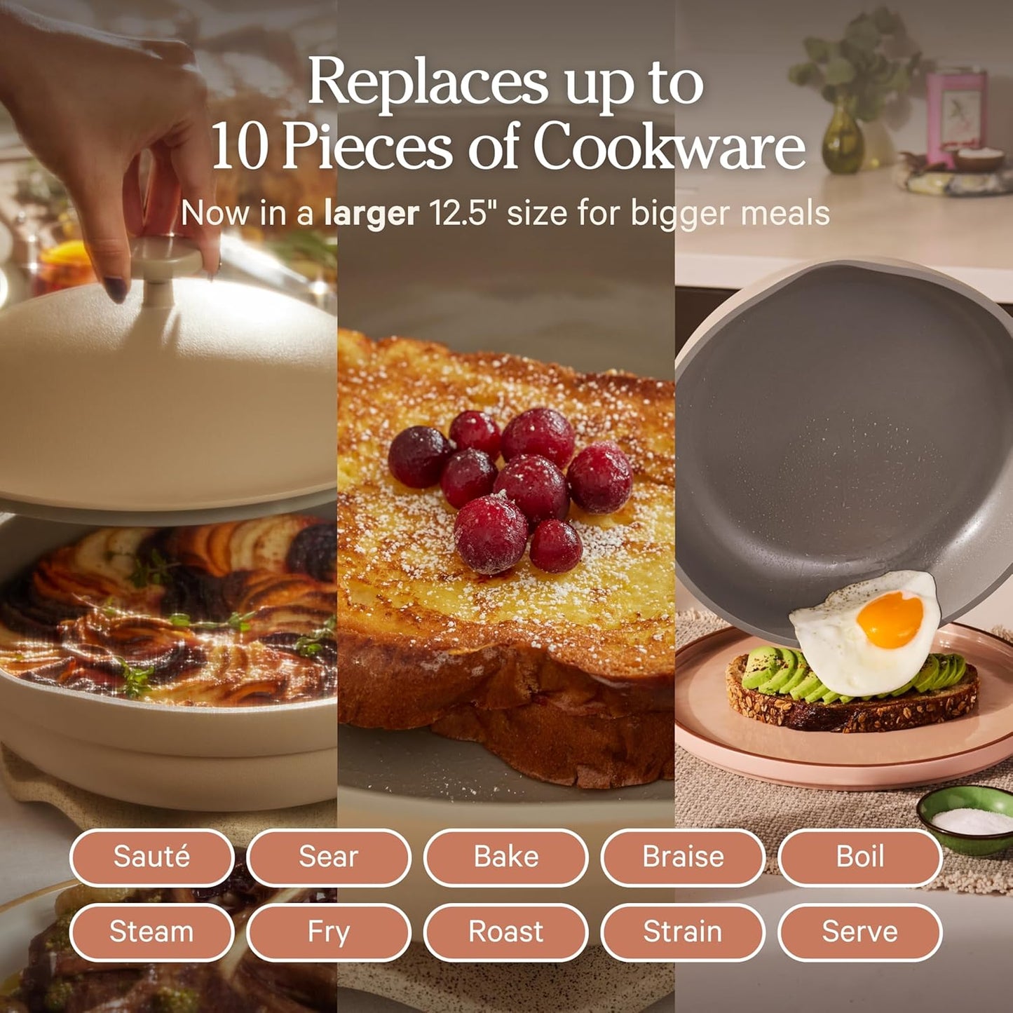 Our Place Large Always Pan - 12.5" Nonstick Ceramic Cookware with Modular Lid & Beechwood Spatula | Induction & Oven-Safe Up to 450°F