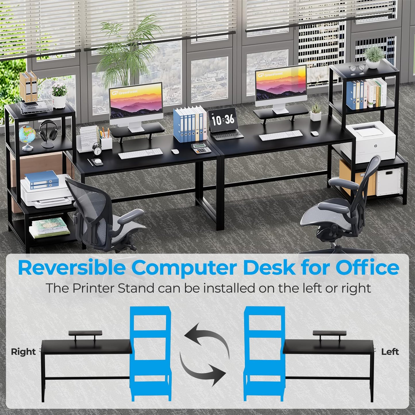 GreenForest Computer Desk 67 inch with Printer Shelf, Reversible Office Desk with Monitor Stand and 2 Hooks, Home Desk Workstation for Study Writing Working Gaming, Black