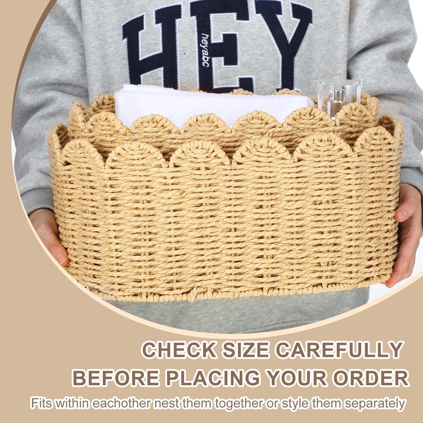 Kritkin 2 Pcs Scalloped Basket Set Hand-woven Baskets with Scalloped Design, 16 x 10 x 7 Inch & 14 x 8 x 6 Inch for Living Room Bedroom Laundry Nursey Storage