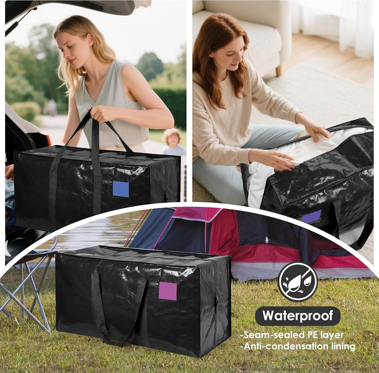 Skiennix 6 Pack Moving Bags - Extra Large 93L Heavy Duty Waterproof Storage Totes | Black for Home Organization & College Dorms