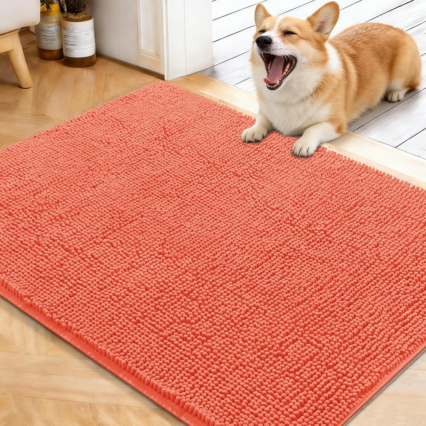 OLANLY Dog Door Mat - Absorbent Non-Slip Washable Chenille Mat for Muddy Paws | 40x32 Coral