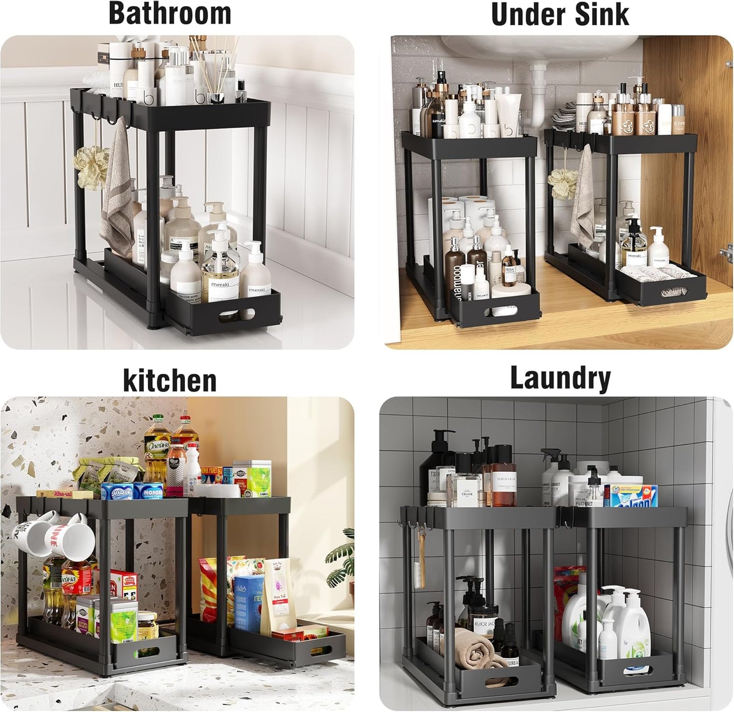 Skiennix Pull-Out Storage Organizers - Multi-Purpose Under Sink Bathroom & Kitchen Organizers | 2 Pack, Black