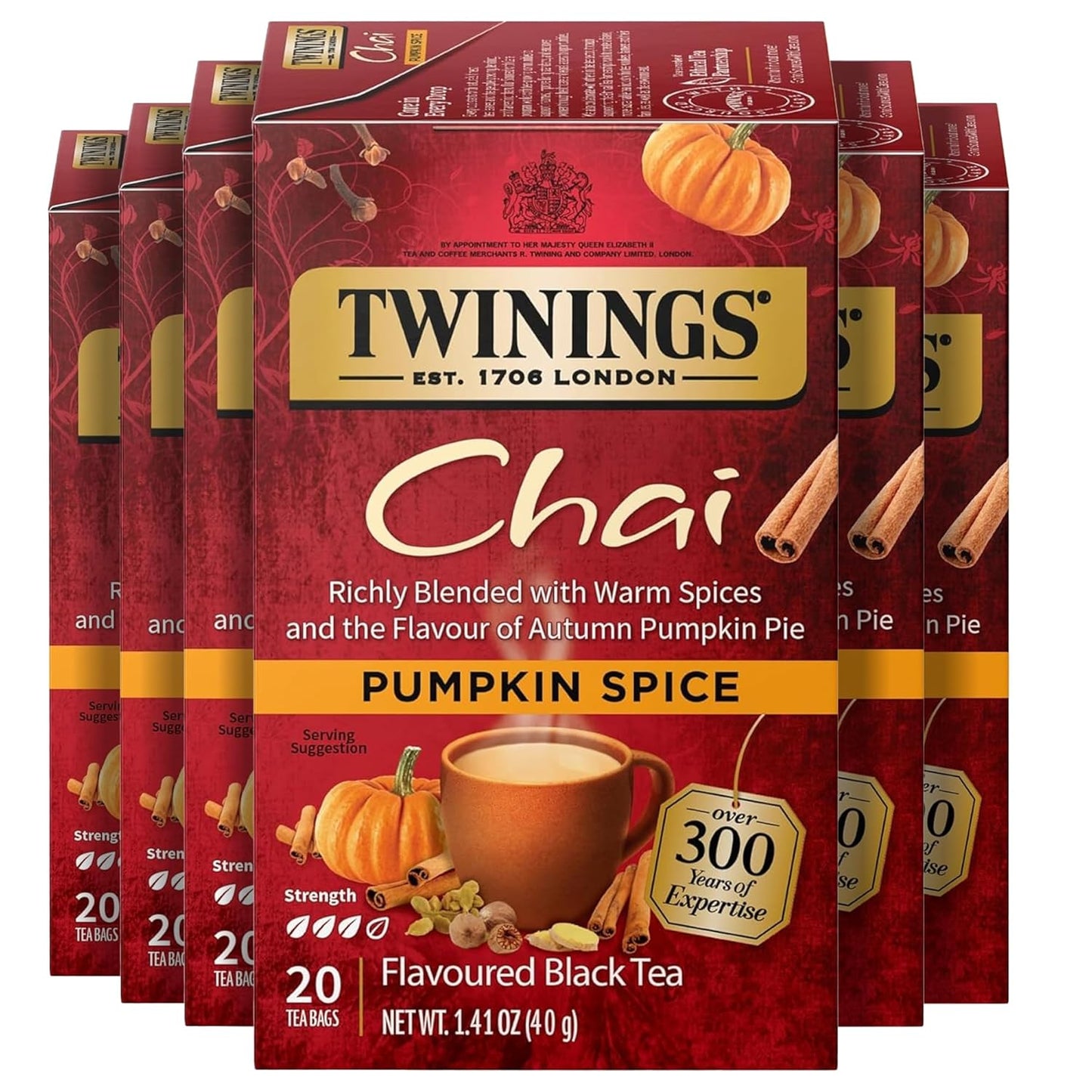 Twinings Pumpkin Spice Chai Black Tea - Warm & Spicy Flavor, 20 Individually Wrapped Bags, Pack of 6
