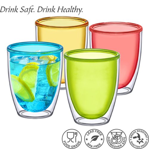 Amazing Abby - Andes - 14-Ounce Insulated Plastic Tumblers (Set of 4), Double-Wall Plastic Drinking Glasses, Mixed-Color Reusable Plastic Cups, BPA-Free, Shatter-Proof, Dishwasher-Safe