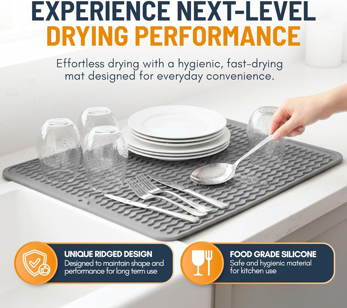 Linda’s Essentials Silicone Dish Drying Mat - Non-Slip & Heat-Resistant 16 x 12 Inch Kitchen Pad (Gray)
