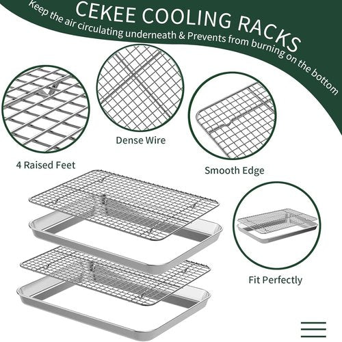 CEKEE Quarter Sheet Pan Set - Stainless Steel Baking Sheets with Cooling Racks | Rust & Warp Resistant, 12 x 9.8 x 1 Inch