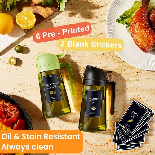 CXINYI - 16oz/470ml Olive Oil Dispenser for Kitchen with Stickers - 2 in 1 Olive Oil Sprayer for Cooking, Air Fryer, and Salad, Black&Green (Light-Proof Kitchen Gadget)