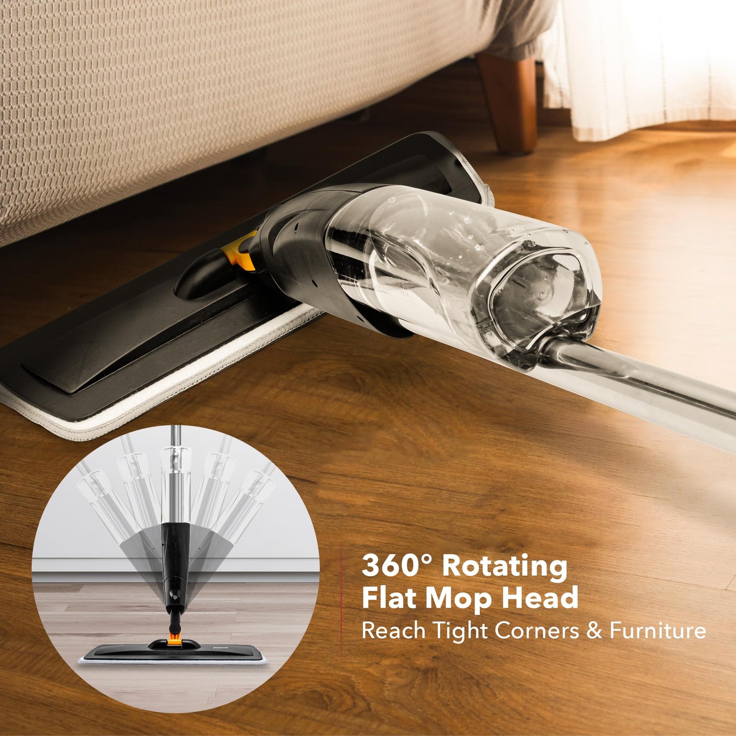 OVENTE Microfiber Spray Mop for Floor Cleaning with Refillable Bottle, Washable and Reusable Pad, 360° Spin Flat Cordless Wet Scrubber for Hardwood, Ceramic, Laminate and Vinyl Tiles, Black CTM121BGD
