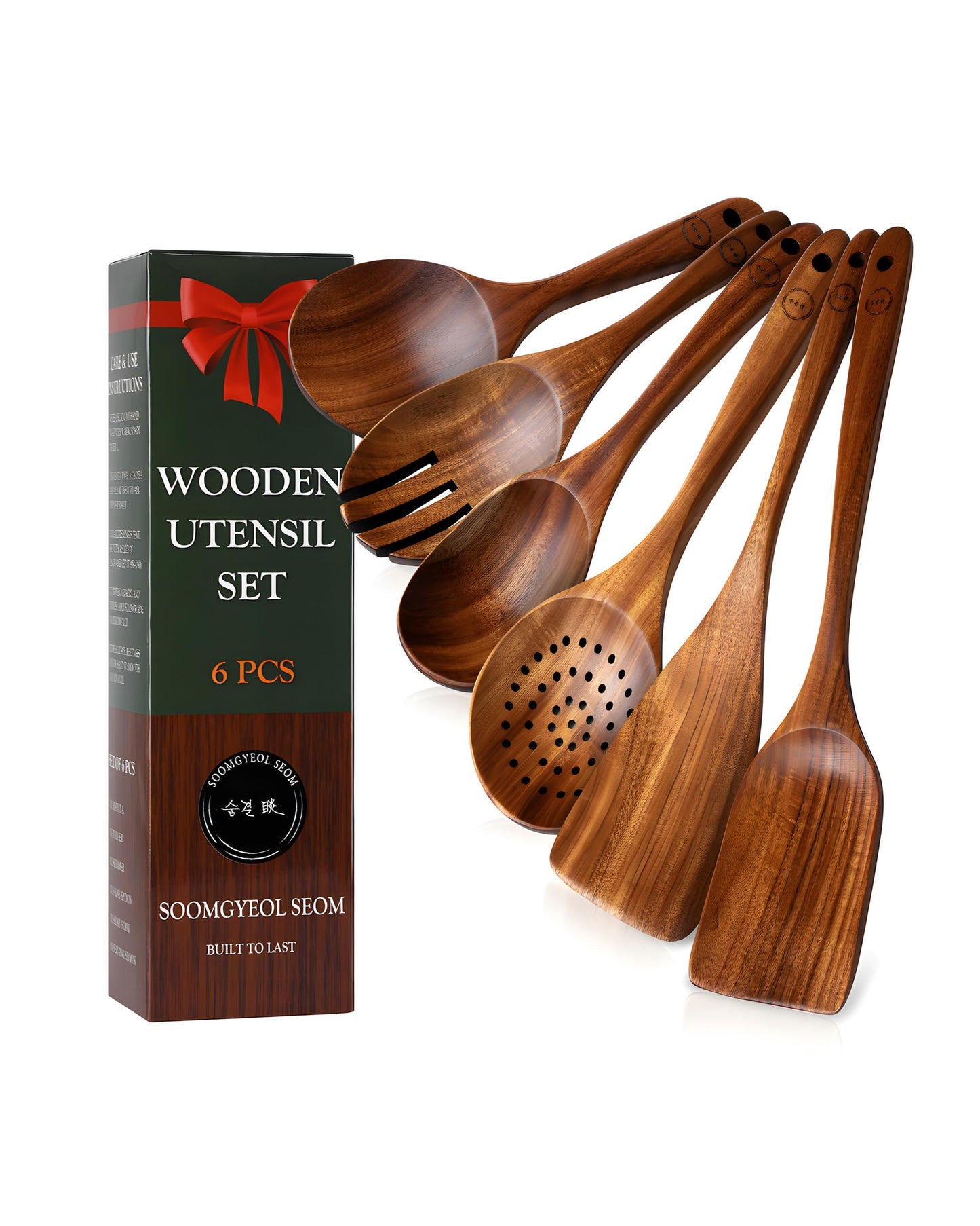 6-Piece Natural Teak Wood Utensil Set - Compact Nonstick Cooking Spoons & Spatulas, Durable Wooden Tools