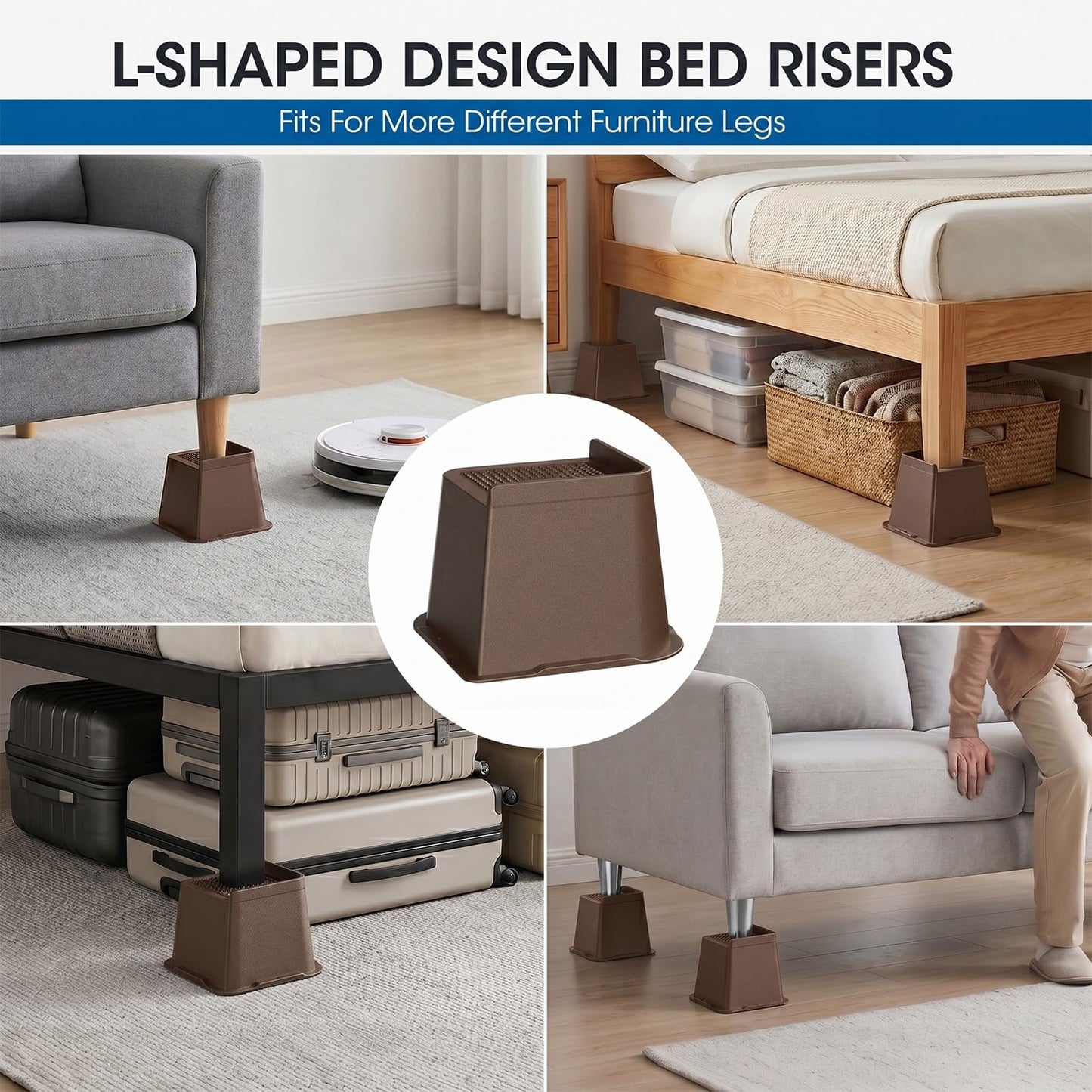 MXMZHXU Bed Risers 2 inch, 3 inch, 4 inch, 6 inch or 8 inch Heavy Duty Furniture Risers, Up to 6000 Lbs L Shaped Design Bed Lifts Blocks for Couch Desk Sofa Table (Dark Brown 4 Pack, 3 Inch)