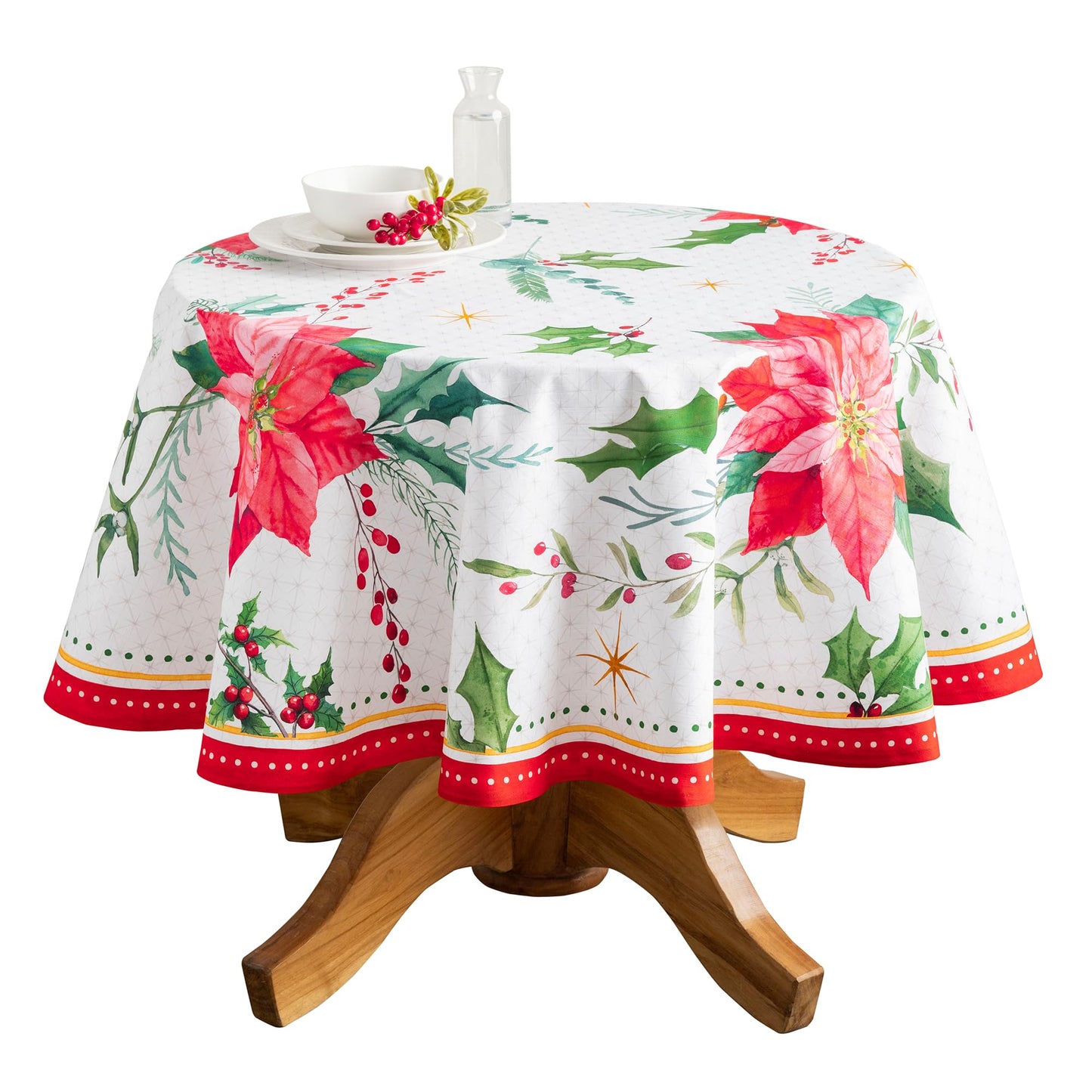 Maison d' Hermine Table Cloth Round Table 100% Cotton 63 Inches Fall Tablecloth Reusable Everyday Use for Thanksgiving Christmas Decorations Dining Farmhouse Party (Poinsettia Christmas)