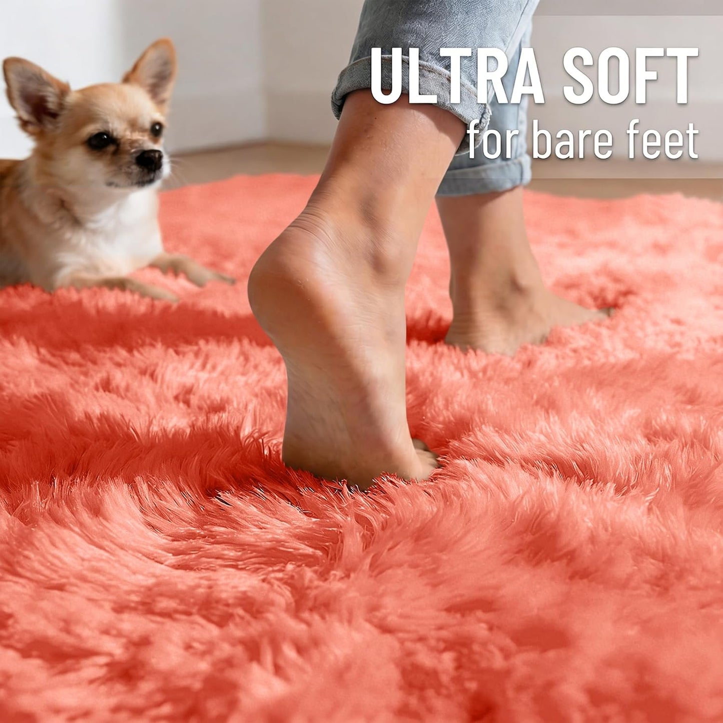 OLANLY Small Bedside Rug - Soft Fluffy Shaggy Carpet for Living Room & Bedroom | Coral Red, Machine Washable