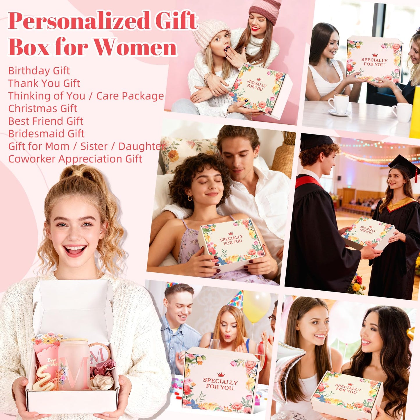 GooBird Personalized Monogrammed Gift Box for Women & Teen Girls–Pink Tumbler, Mirror & Hair Accessories Set, Initial A Gifts for Her, Sister, Daughter, Friends, Bridesmaid or Teacher