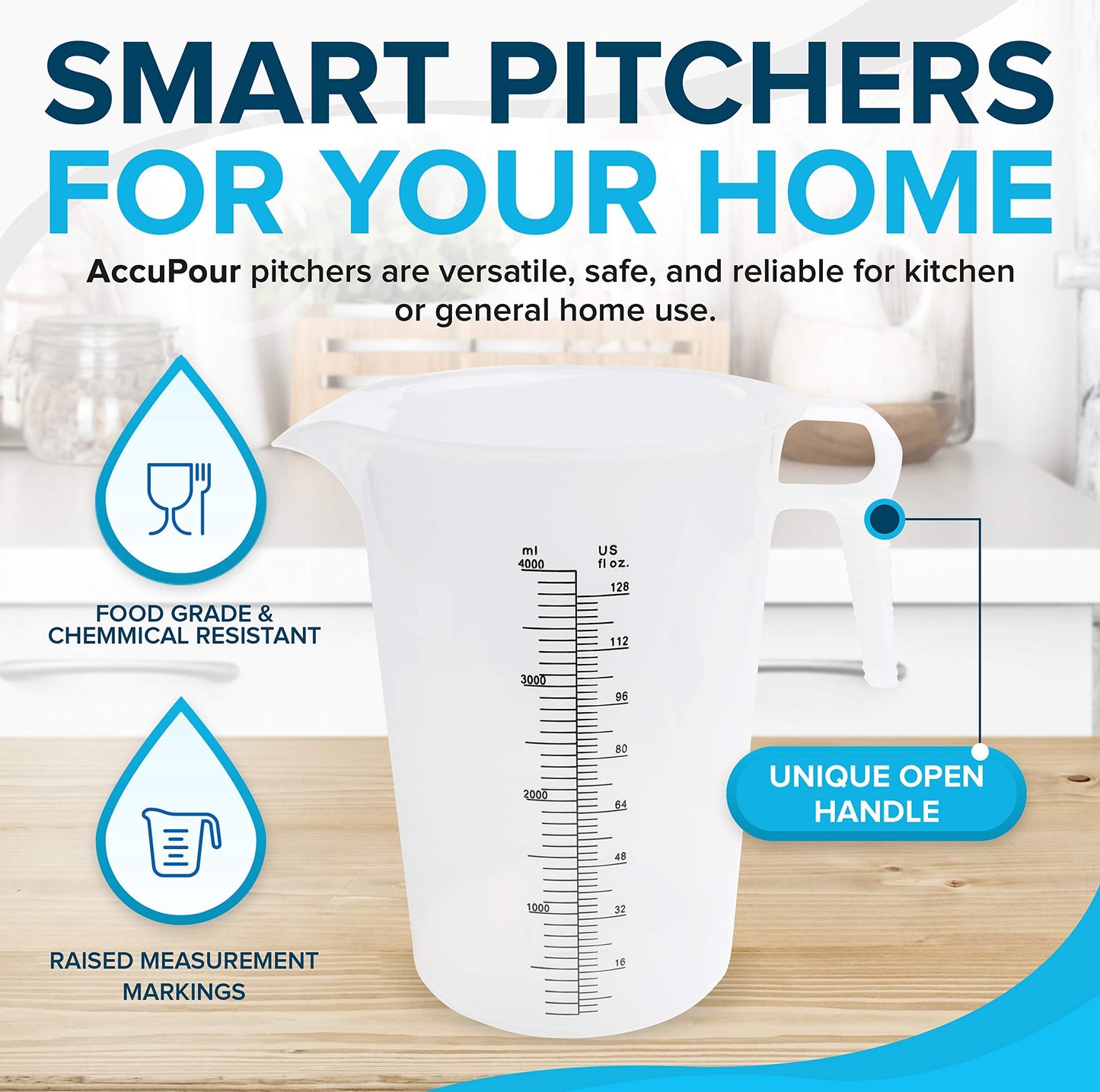 ACCUPOUR 128oz (1 gallon) Measuring Pitcher, Plastic, Multipurpose - Great for Oil, Chemicals, Pool and Lawn - Ounce (oz) and Milliliter (mL) Increments (4000 mL)