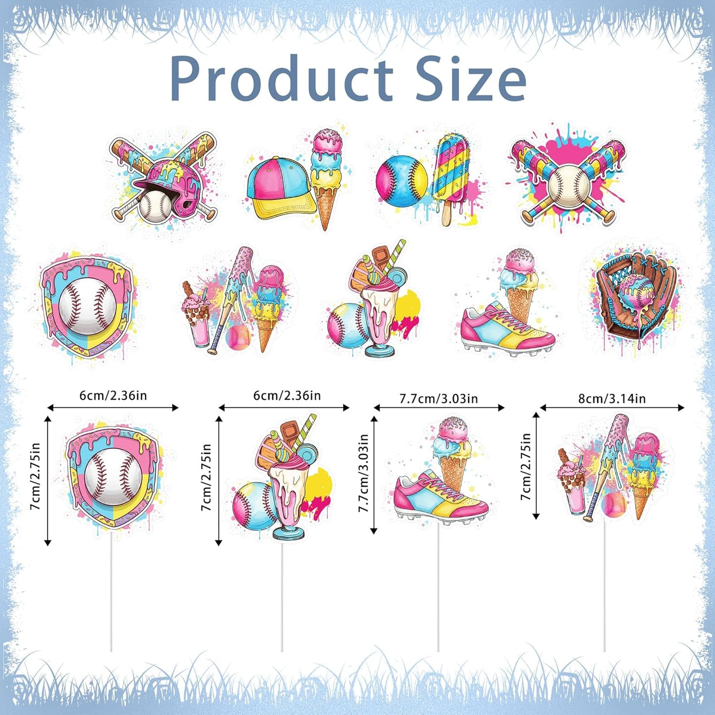 Regine Switzerland Ice Cream Drip Baseball Cupcake Toppers - 36 Pcs Birthday Party Decorations for Kids