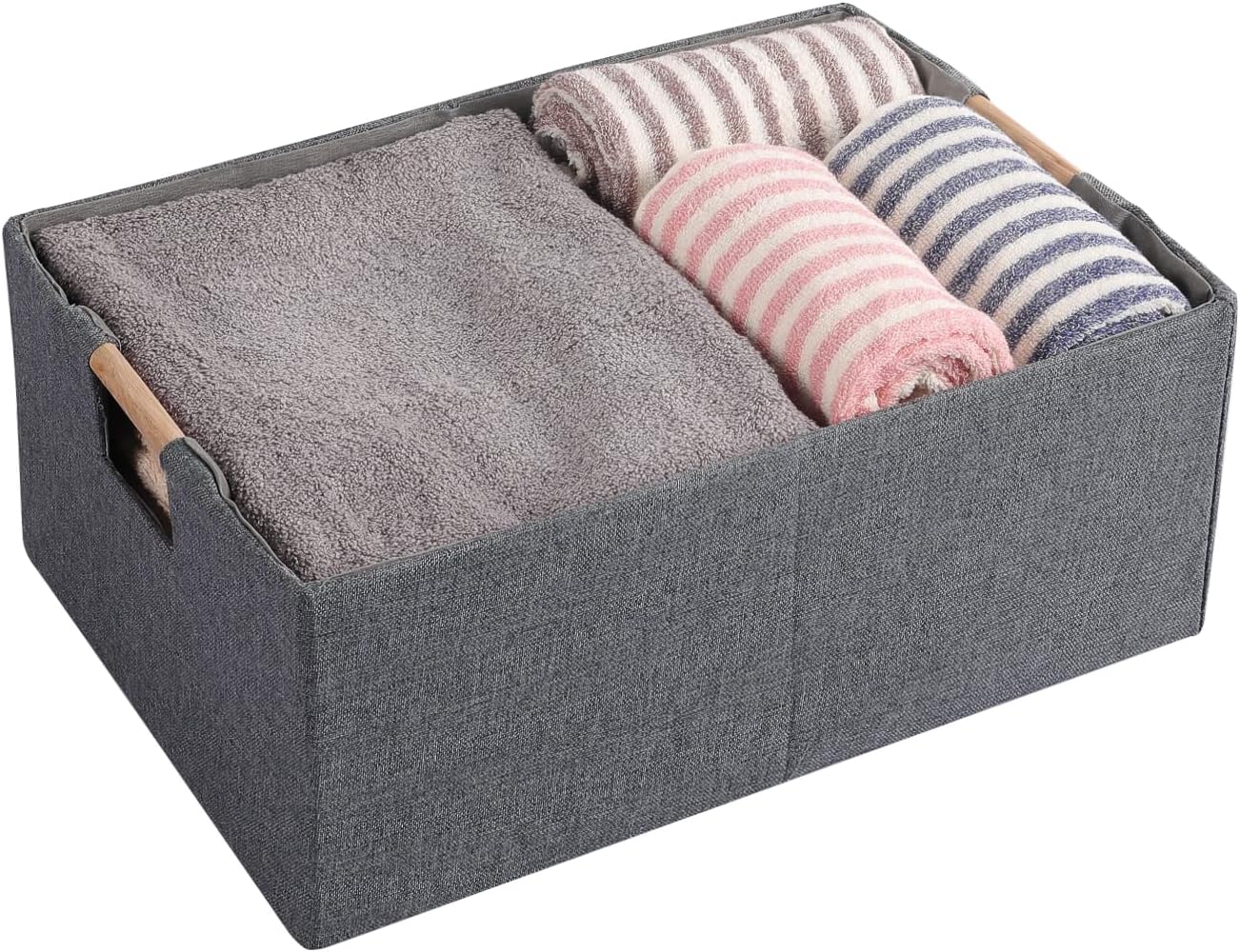 Skiennix Fabric Storage Bins - Foldable Cotton Linen Baskets with Wooden Handles | Gray, Small, 3-Pack