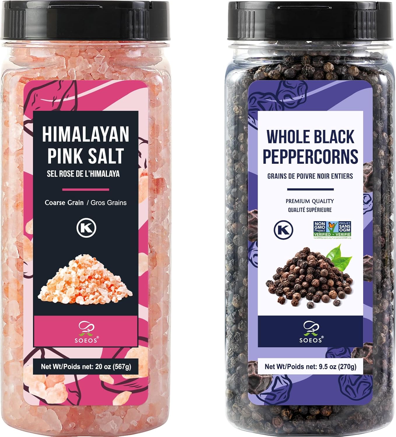 Soeos Himalayan Pink Salt & Whole Black Peppercorns Set - Coarse Grain, Non-GMO, 20oz + 9.5oz