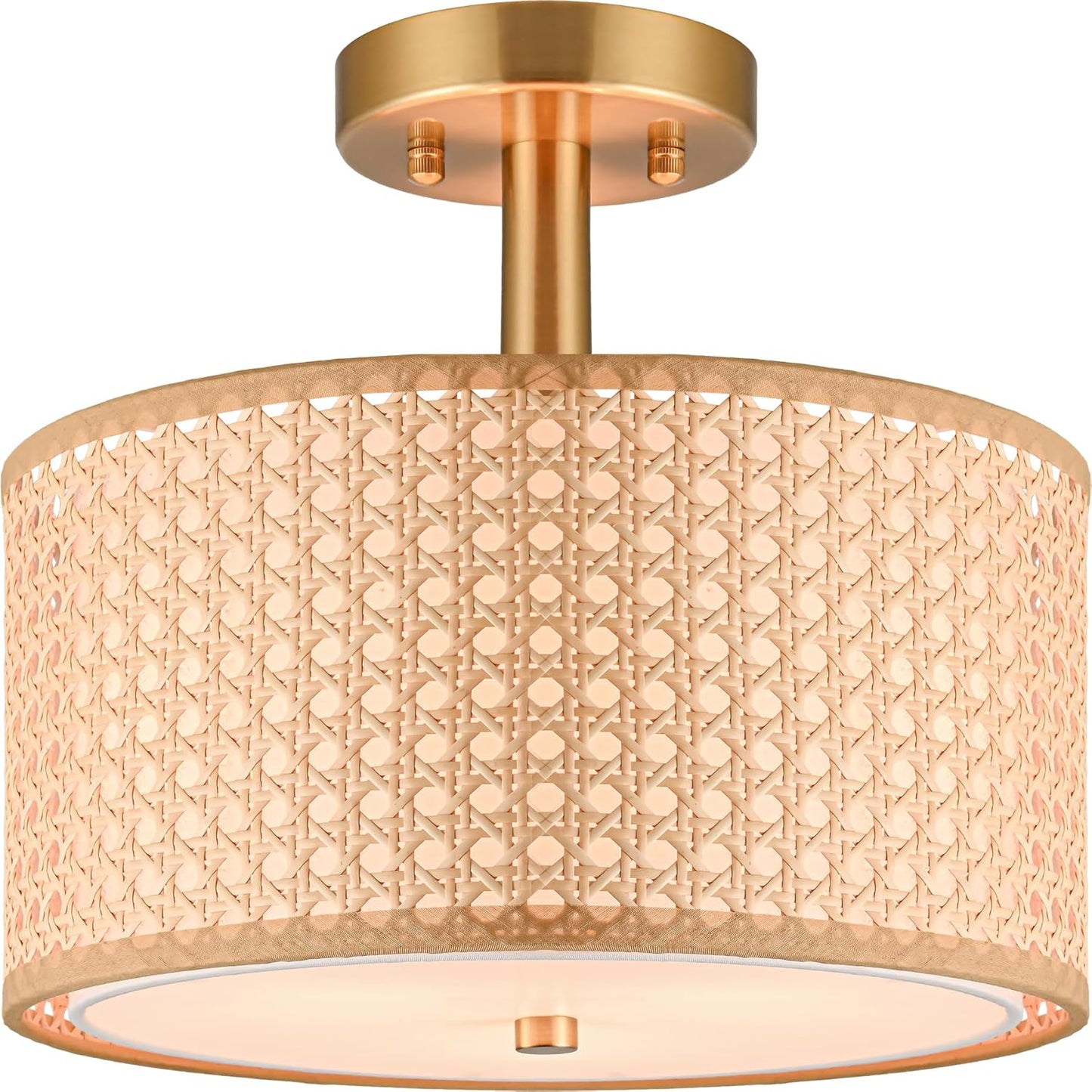 Semi flush mount ceiling light fixture for bedroom,Rattan & Fabric Double Drum Shade nursery Ceiling Light,Modern Close to Gold Ceiling Light Fixture for Entry Living Room Hallway Kitchen 3-Light