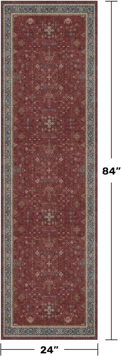 Boho 2x7 Long Runner - Washable Non-Slip Indoor Floor Mat for Kitchen & Entryway, Dark Red Floral Design