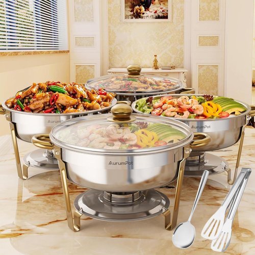 AurumPot Chafing Dishes for Buffet 4 Pack, 6QT Stainless Steel Round Chafing Dish Buffet Set for Parties, Wedding, Christmas Gatherings, Catering Events[Visible Glass Cover] Buffet Servers and Warmers